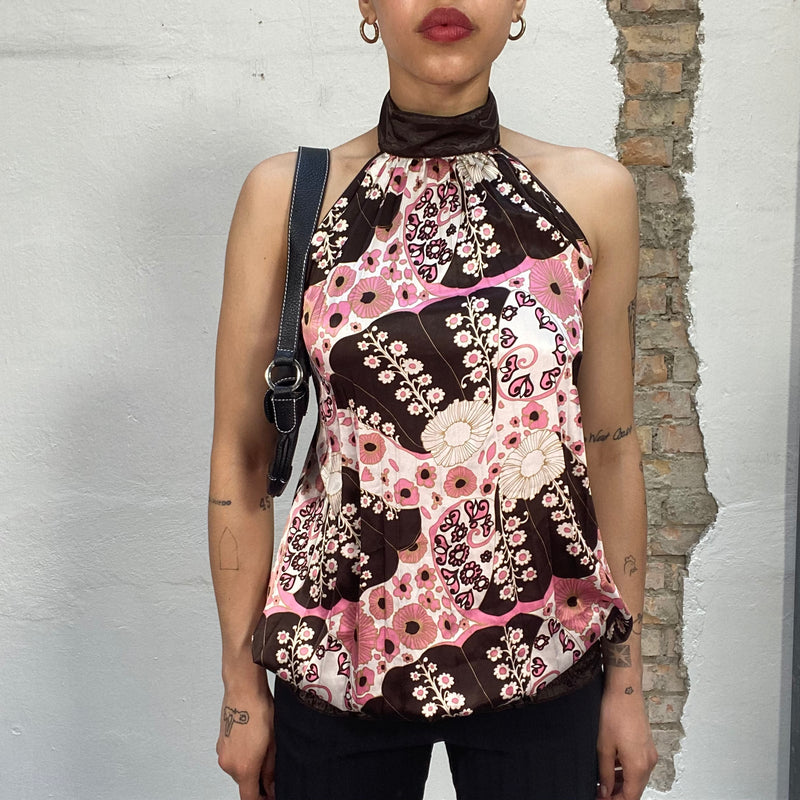 Vintage 90's Brown and Pink Floral Satin High Neck Top (S/M)