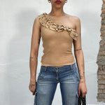Vintage 2000's Beige One Shoulder Top with Ruffle Neckline and Bras Eyelets (S)