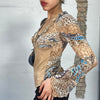 Vintage 90's Beige Faux Suede Top with Blue Paisley Detail (S)