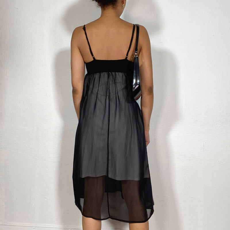 Vintage 2000's Festive Black Mesh Midi Dress with Rhinestone Brooch Detail (S)