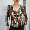 Vintage 2000's Brown Zip Up Blouse with Beige and Blue Ornament Print (S)