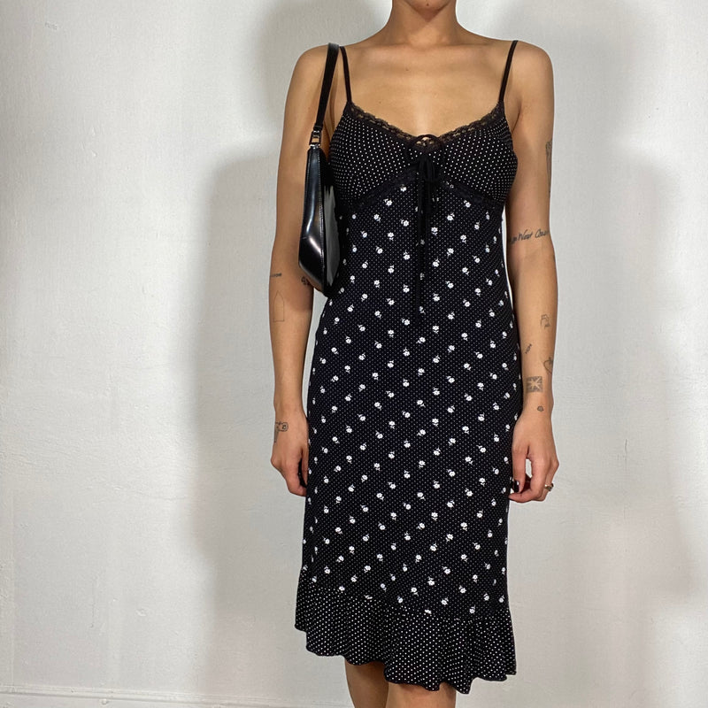 Vintage 2000's Black Cami Dress with Polkadot and Floral Print (S/M)