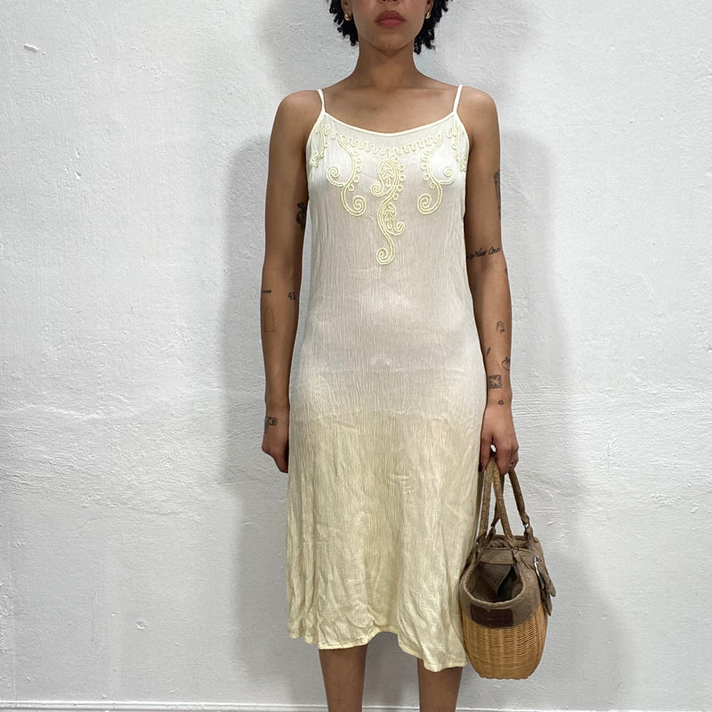 Vintage 2000's Butter Yellow Chiffon Midi Dress with Ornament Embroidery (M/L)