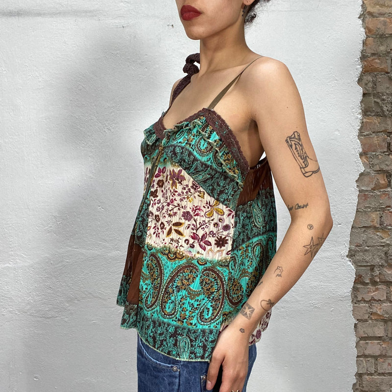 Vintage 2000's Indie Brown and Turquoise Flowy Top with Paisley Print (M)