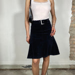 Vintage 90's Black Velvet Midi Skirt with Rhinestone Belt Buckle