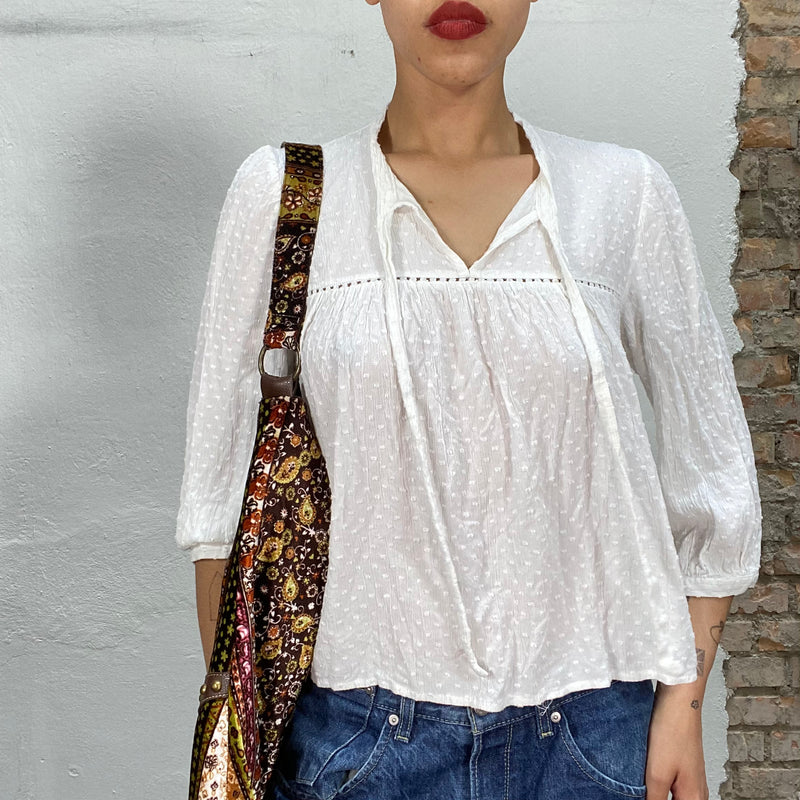 Vintage 2000's Hippie White Breezy Blouse with Dot Structure (S/M)