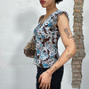 Vintage 2000's Coquette Blue and Brown Top with White Flower Print (M)