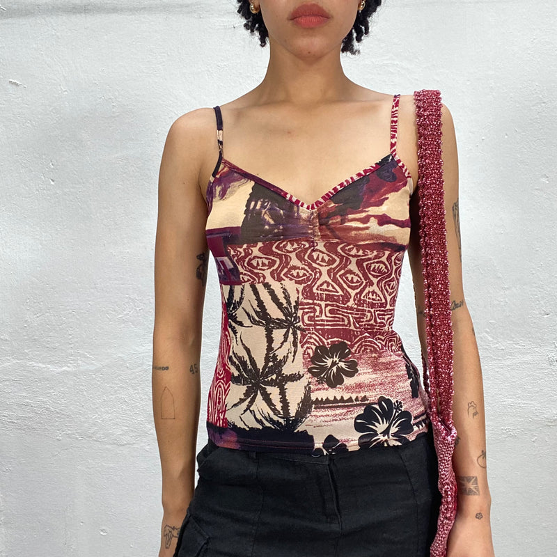 Vintage 90's Dark Red and Creme Graphic Mesh Cami Top (S)