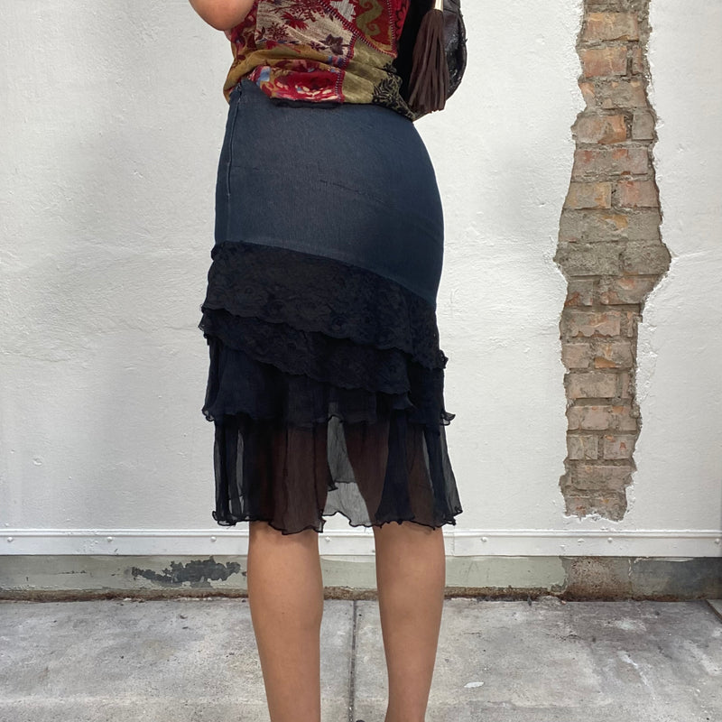 Vintage 2000's Denim and Black Mesh Midi Skirt (S)