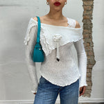 Vintage 90's White Chunky Knit Off Shoulder Sweater with String Detail (S)