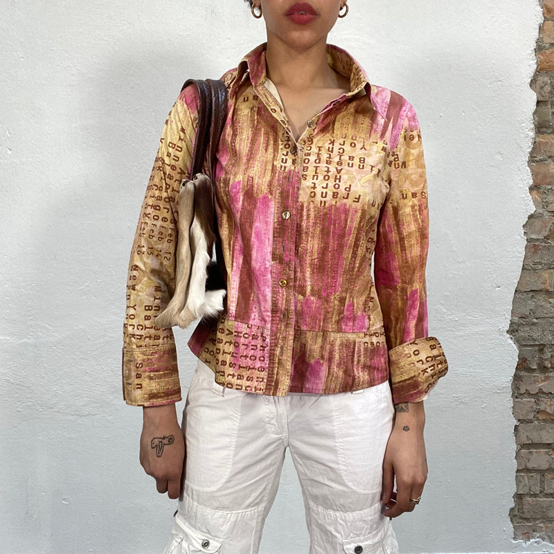 Vintage 2000's Beige and Pink Batik Button Up with Writing Print (S/M)