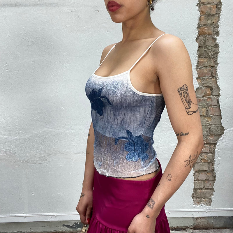 Vintage 90's White Crop top with Blue Mesh Floral Top Layer (S)