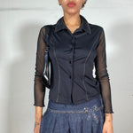 Vintage 90's Black Button Up Top with Mesh Sleeves and White Stitching (S/M)