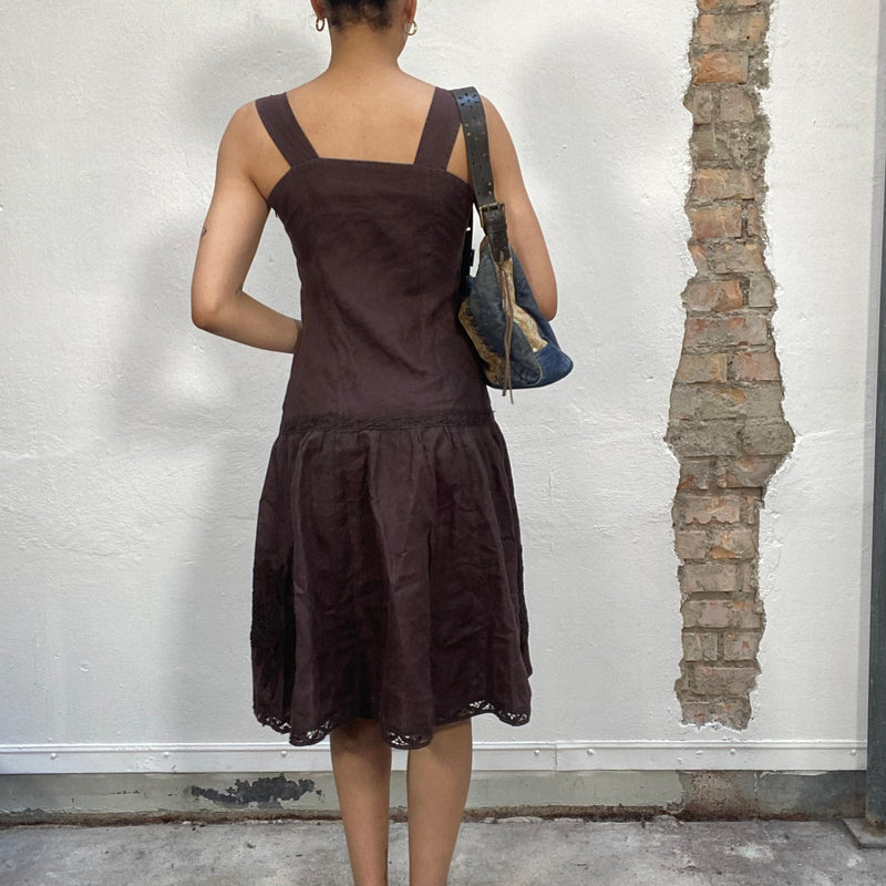 Vintage 90's Brown Linen Dress with Crochet Details (S)