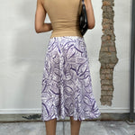 Vintage 90's Soft Girl White and Purple Leaf Print Midi Skirt (M)