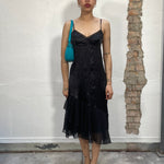 Vintage 90's Black Satin, Lace and Mesh Midi Dress (S/M)