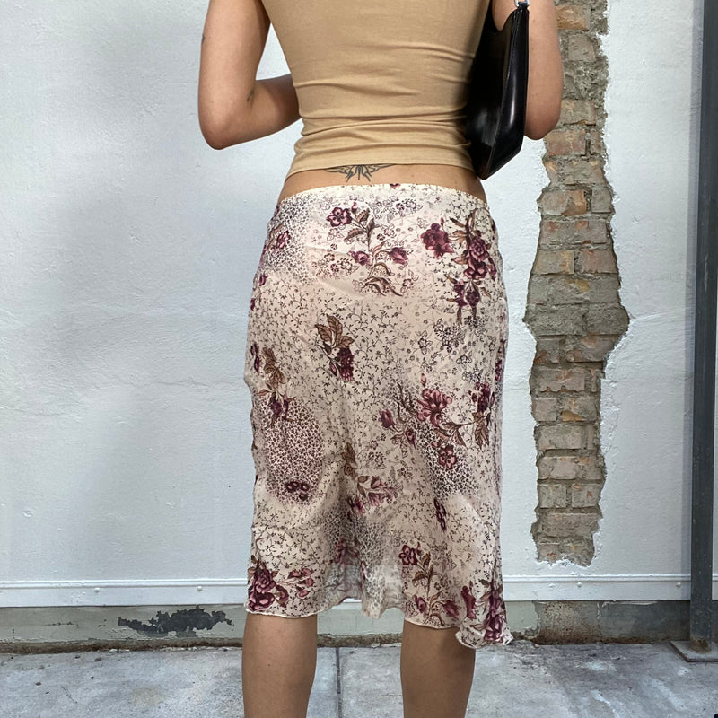 Vintage 90's Soft Girl Beige and Garnet Floral Print Midi Skirt (M)