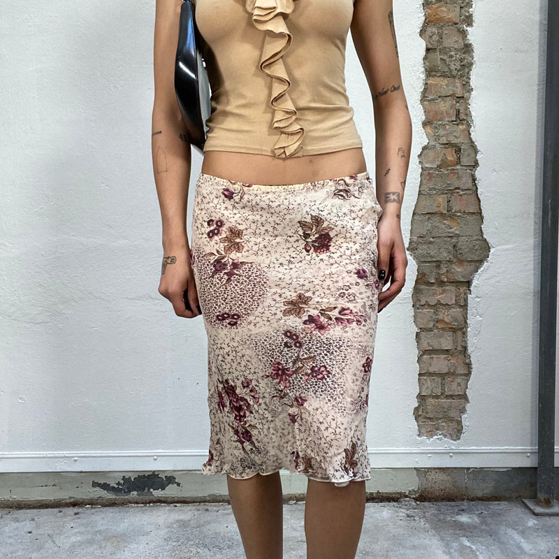 Vintage 90's Soft Girl Beige and Garnet Floral Print Midi Skirt (M)