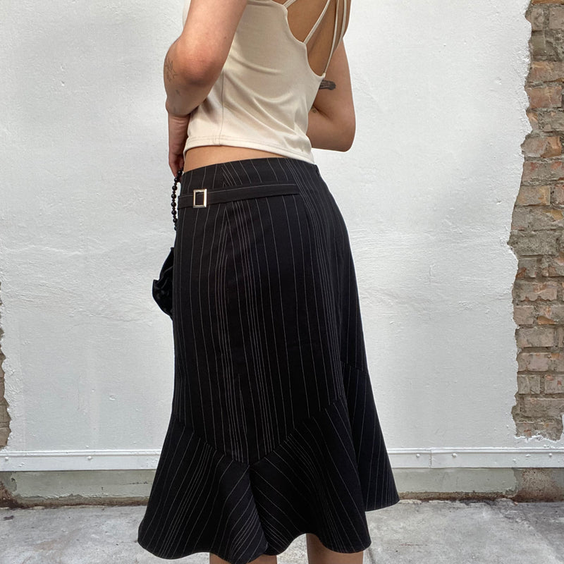 Vintage 90's Black Pinstripe Midi Skirt with Small Side Buckle Detail (S/M)