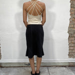 Vintage 90's Black Pinstripe Midi Skirt with Small Side Buckle Detail (S/M)