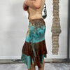 Vintage 90's Hippie Blue and Brown Floral Print Midi Skirt with Ethnic Details On The Front (M)