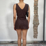 Vintage 90's Brown Striped V-Neck Mini Dress with Floral Embroidery (S)
