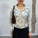 Vintage 70's Funky Creme White Button Up Blouse with Blue Net Print (M)