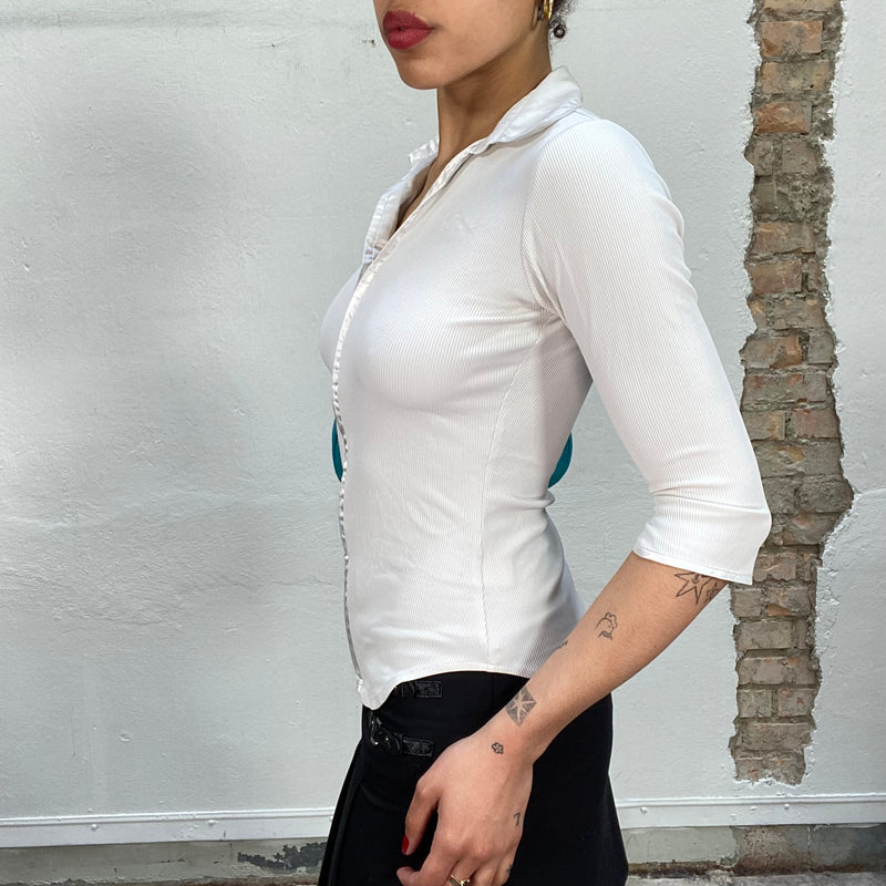 Vintage 2000's White Ribbed Zip Up Blouse (S)