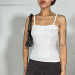 Vintage 2000's White Ribbed Top with small Rhinestone Buckle Detail (S)