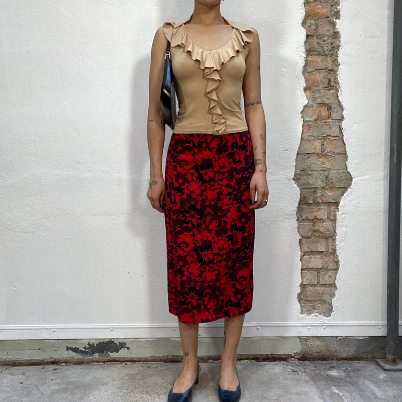 Vintage 90's Romantic Red with Black Floral Midi Skirt (M)