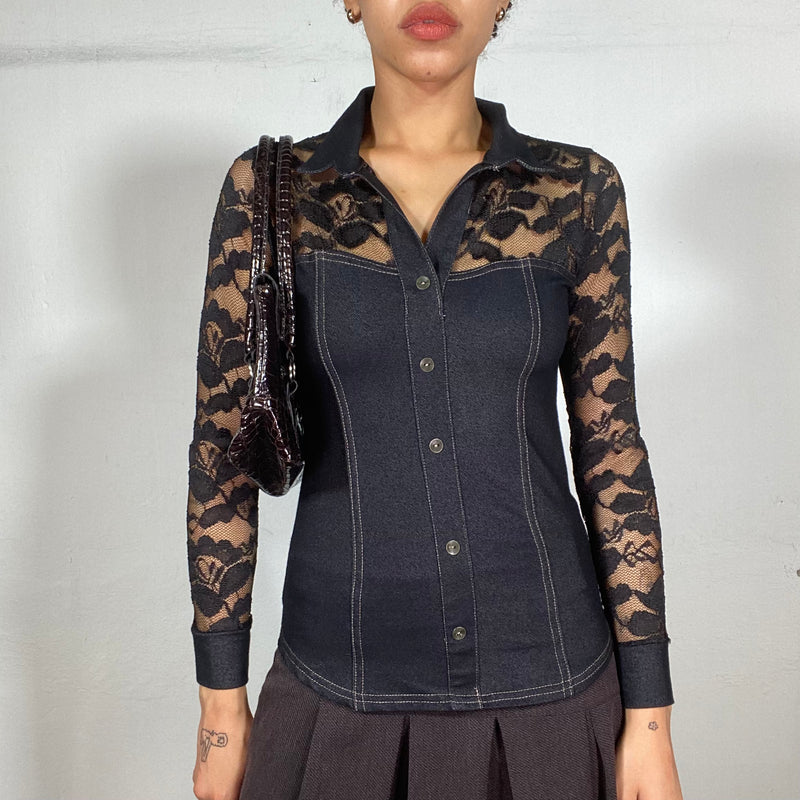 Vintage 2000's Denim Look Button Up with Black Lace Sleeves (S)