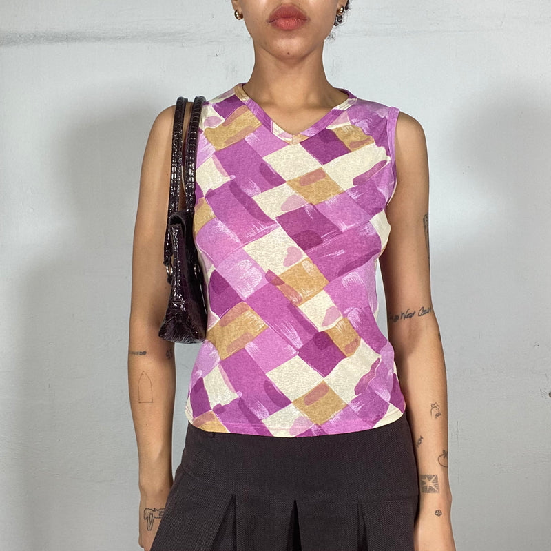 Vintage 90's Purple and Beige Tank Top with Woven-Look Print (S/M)