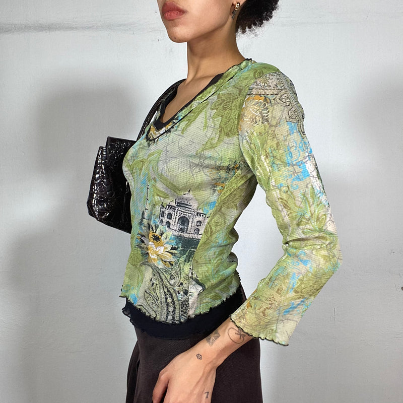 Vintage 90's Green Mesh Longsleeve Top with Ornament and Paisley Print (S/M)