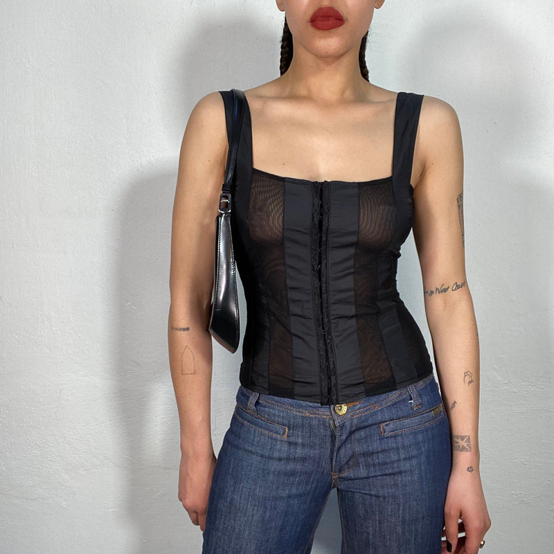 Vintage 2000's Balck Mesh Striped Corset Top with Hook and Eye Closing