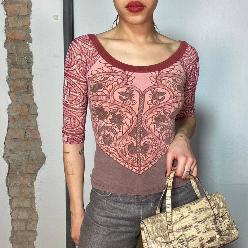Vintage 90's SAVE THE QUEEN Red Midi Sleeve Top with Mandala Print