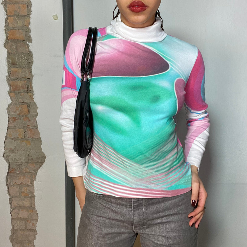 Vintage 2000's Funky Pink and Turquoise Swirly Turtleneck