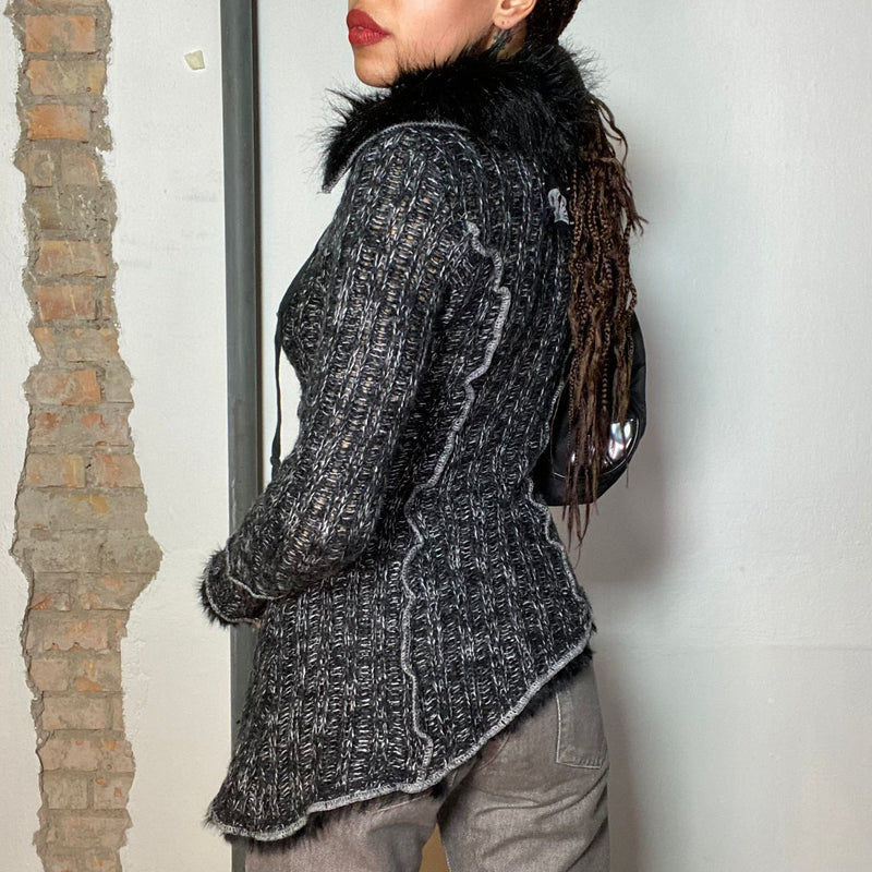 Vintage 2000's Grey Chunky Knit Pullover with Faux Fur and Zipper Details