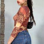 Vintage 2000's Bordeaux Red and Beige Funky Midi Sleeve Top