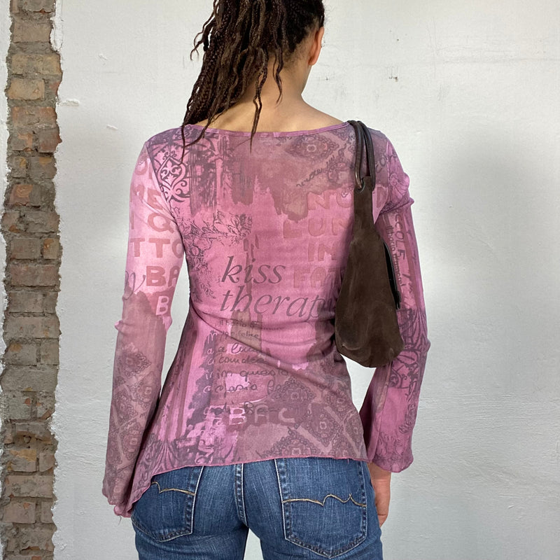 Vintage 2000's Pink Asymmetrical Mesh Top with Writing Print