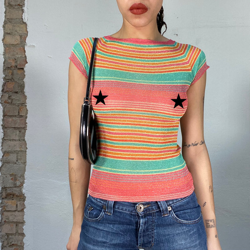 Vintage 2000's Orange and Green Striped Glittery Shirt
