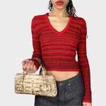 Vintage 90's Red Striped V-Neck X-mas Glittery Knit Sweater