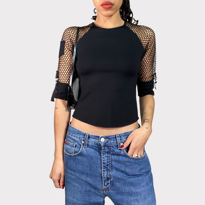Vintage 90's Black Fishnet Clubwear Sleeve Top