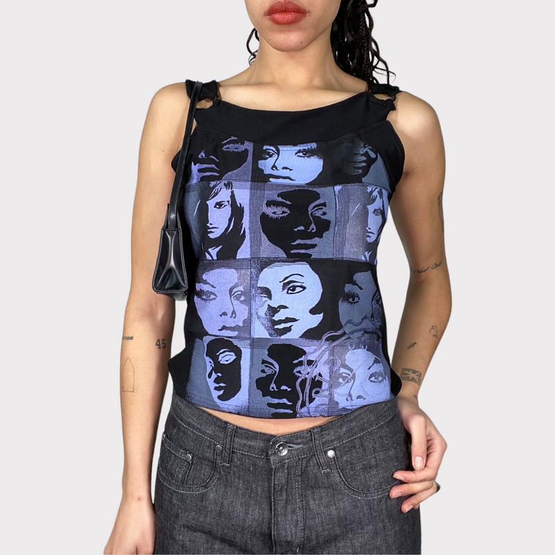 Vintage 2000's Black Top with Funky Face Prints