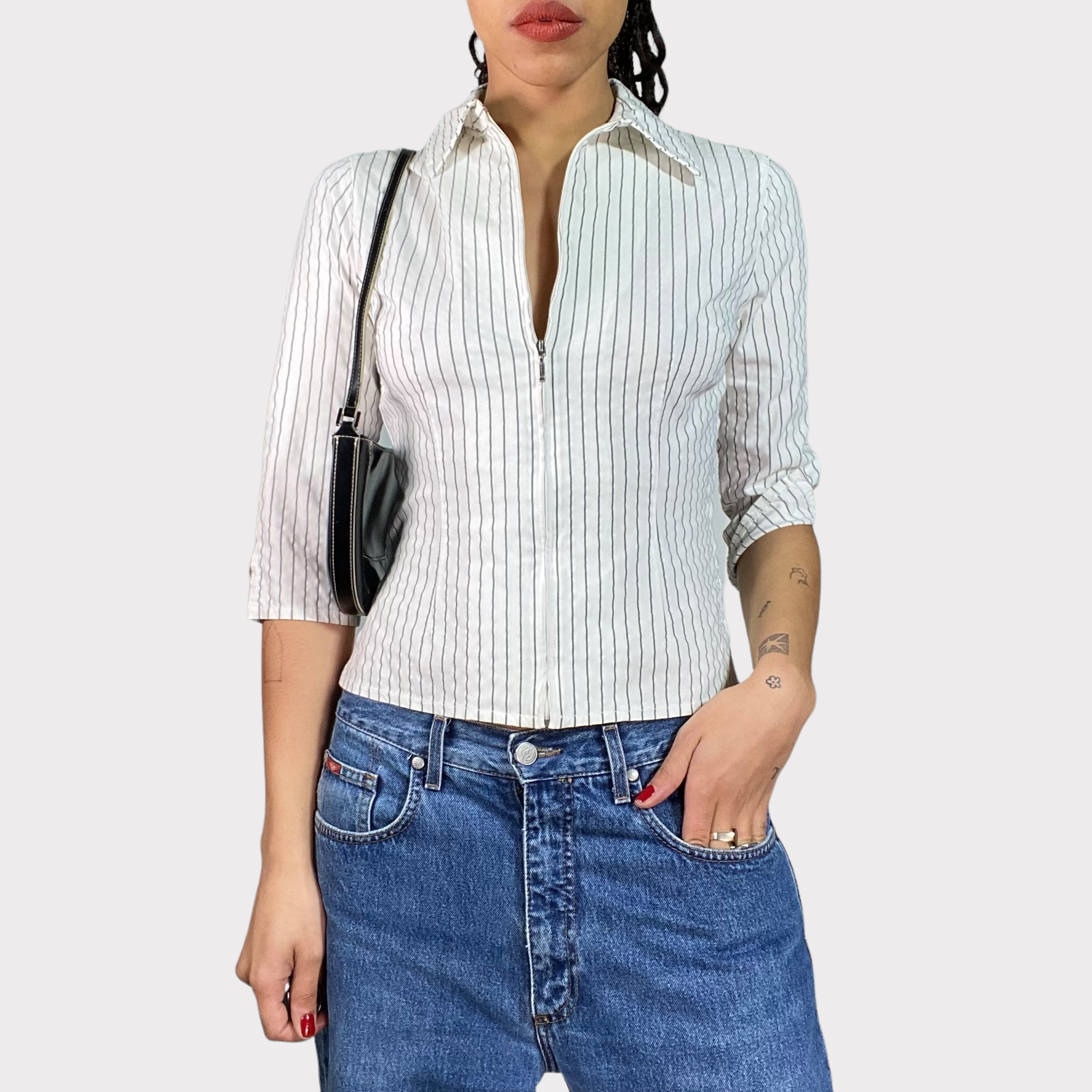 Vintage 90's White Zip Up Pinstripe Zip Up Blouse – dream vintage collective
