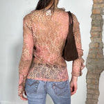 Vintage 2000's Indie Pink and Beige Lace Lonsgleeve Top with Ruffle Collar