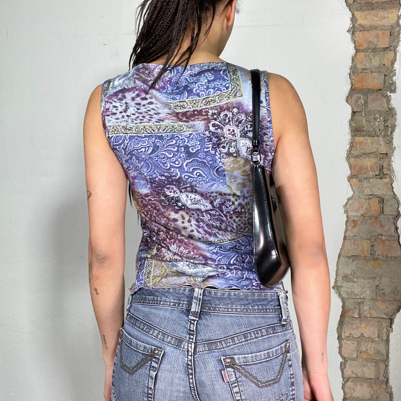 Vintage 90's Blue and Purple Paisley Top with Waterfall Neckline