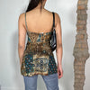 Vintage 90's Oriental Brown and Blue Long Top with Blue Lace Trim