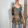 Vintage 90's Oriental Brown and Blue Long Top with Blue Lace Trim