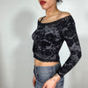 Vintage 2000's Black Gothic Off Shoulder Top with Rose Print and Lace Trim
