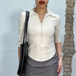 Vintage 2000's Creme White Zip Up Blouse with Pin Stripes